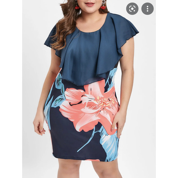 Rosegal Ruffle Floral Bodycon Mini Dress Women Plus Size 1X Round Collar Stretch - Picture 1 of 13